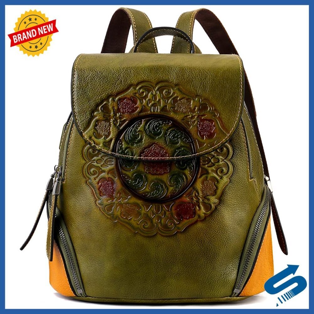 Genuine Leather Travel Backpack Purse Anti-Theft USB Charging Vintage Embossed - Picture 1 of 6